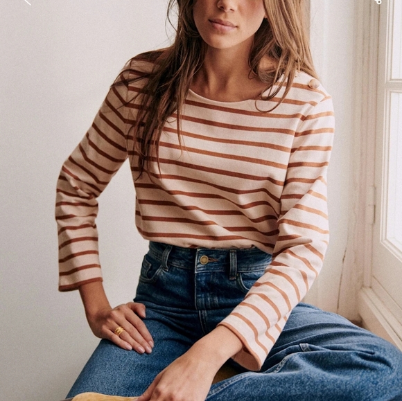 Sezane Colette Mariniere Ecru/Camel SMALL - Picture 1 of 11
